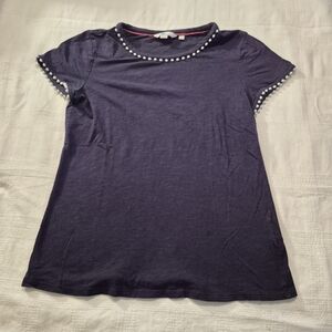 Boden women's Small blue short sleeve shirt white pom pom trim VGUC